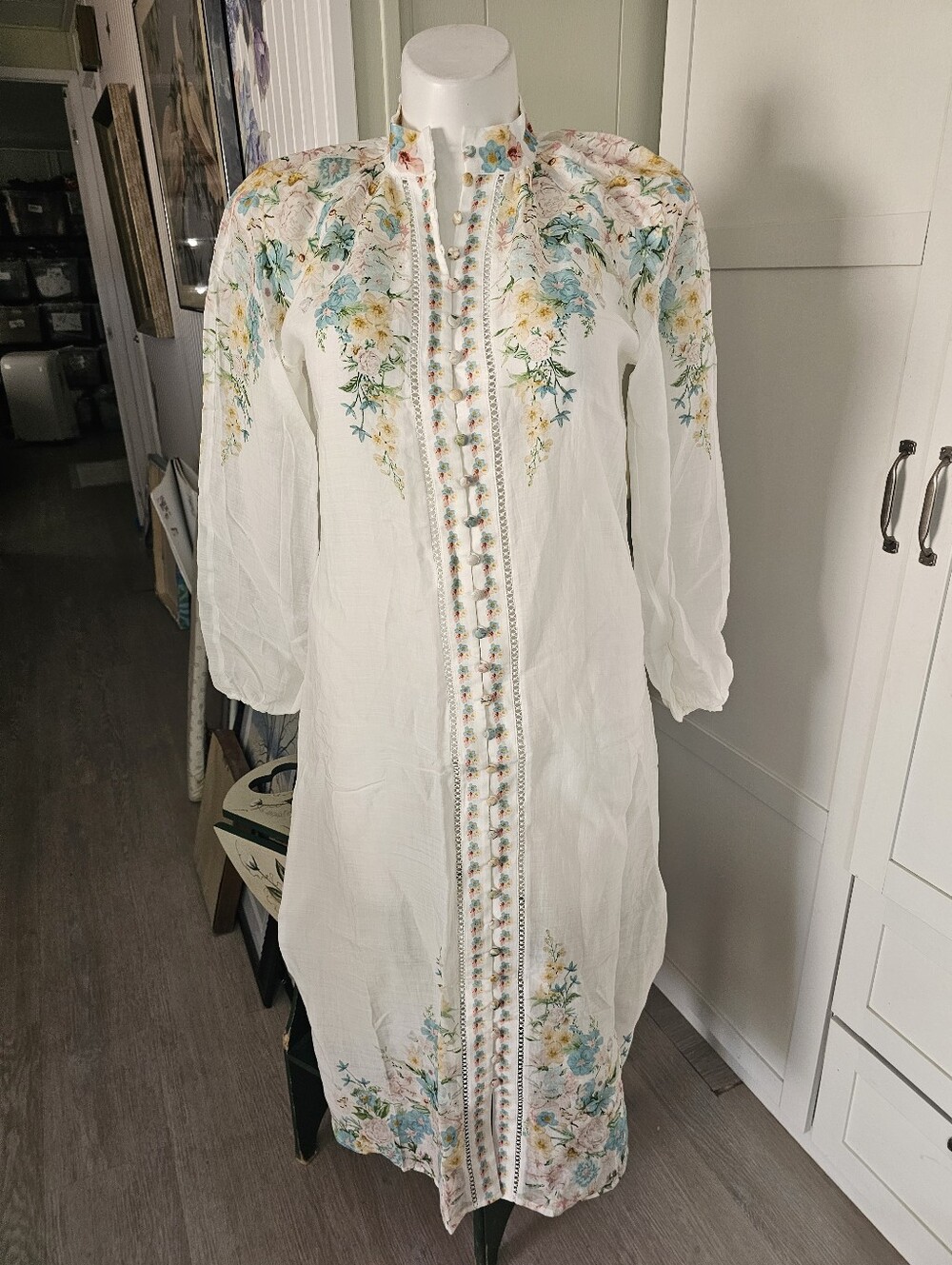 GDS Estella Floral Midi Dress Womens M NWT Mint White Boho High Neck Linen Blend